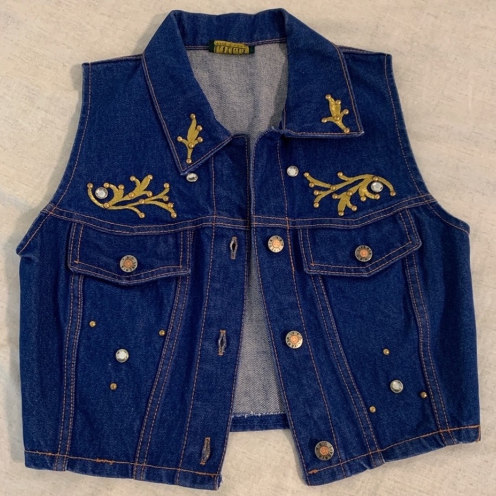 LIVERIA Vintage Denim Vest With Gold & Rhinestone Embellishments